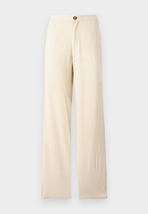 Pantalones anchos de color beige, hechos de tejido ligero. Cierre frontal con botón y dobladillos rectos. Textura suave con costuras mínimas.