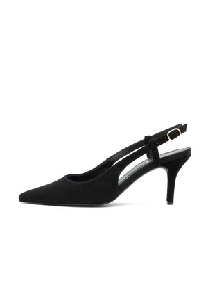 Czarny zamszowy sandał na obcasie ze szpiczastym noskiem, smukłym obcasem szpilką i wycięciami, wyposażony w regulowany pasek na kostkę.