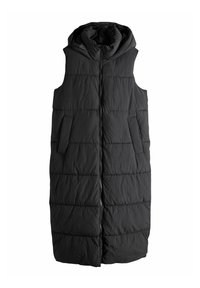 Must have kapuutsiga must puffer vest, millel on lukuga eesmine osa, kaks kaldega külge taskut ning tikandiga horisontaalne tekstuur.