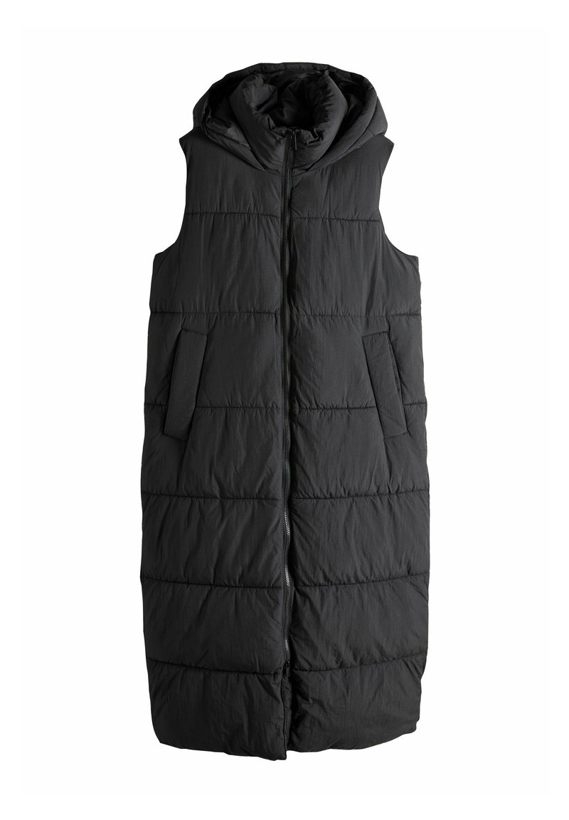 Must have kapuutsiga must puffer vest, millel on lukuga eesmine osa, kaks kaldega külge taskut ning tikandiga horisontaalne tekstuur.