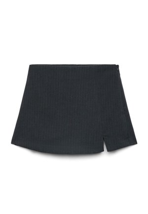 Dark gray pinstripe mini skirt with a small front slit and a side zipper closure.