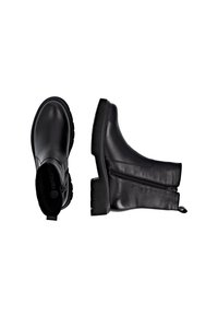 Black leather ankle boots with a smooth finish, low-profile rubber sole, side zipper, and pull tab for easy wear.