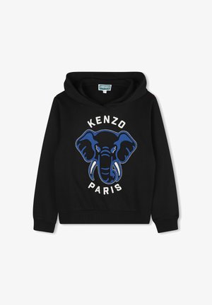 Felpa nera con cappuccio caratterizzata da una grafica di un elefante ricamata in blu e bianco e il testo "KENZO PARIS" sul davanti. Tessuto morbido, vestibilità rilassata.