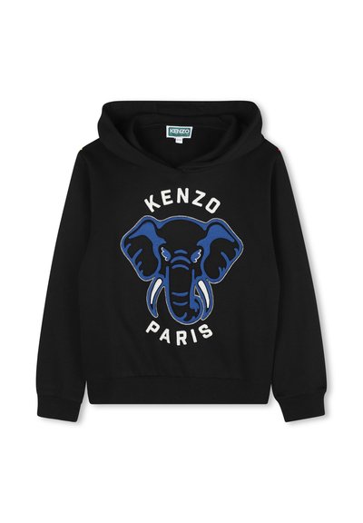 Felpa nera con cappuccio caratterizzata da una grafica di un elefante ricamata in blu e bianco e il testo "KENZO PARIS" sul davanti. Tessuto morbido, vestibilità rilassata.