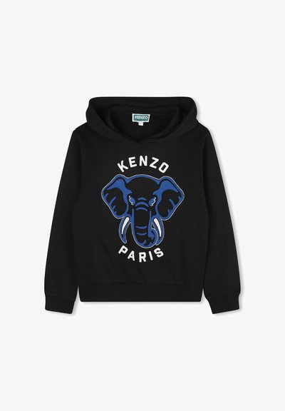 Felpa nera con cappuccio caratterizzata da una grafica di un elefante ricamata in blu e bianco e il testo "KENZO PARIS" sul davanti. Tessuto morbido, vestibilità rilassata.