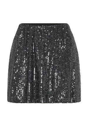 Mini falda negra cubierta de brillantes lentejuelas negras verticales densamente empaquetadas, con cintura elástica.