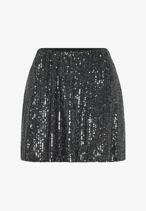 Musta mini hame, joka on peitetty tiheästi pakatuilla pystysuorilla kimaltelevilla mustilla paljeteilla ja jossa on joustava vyötärö.