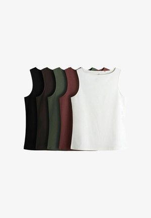 Varrukatuta ümar kaelusega topp mustas, tumepruunis, oliivrohelises, telliskivipunases ja valges, paigutatud kõrvuti valgel taustal.