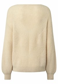 Beige neulepaita, jossa on rento istuvuus, pyöreä pääntie ja teksturoitu kuvio. Siinä on pitkät, hieman puffatut hihat ja ribbatut hihansuut.