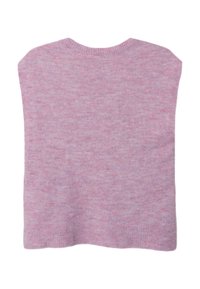 Růžový vlněný svetr s měkkou texturou, kulatým výstřihem a volným střihem, pohled zezadu s bezešvým zakončením.