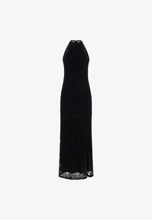 Schwarzes Spitzen-Maxikleid mit tailliertem Oberteil, Halsband und aufwendigem Blättermuster, das eine seitliche Schlitze für zusätzliche Details aufweist.