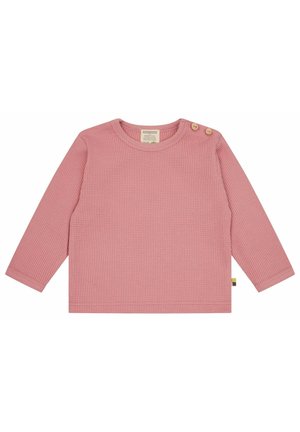 Top rosa a maniche lunghe realizzato in tessuto a coste testurizzato, con scollo rotondo e bottoni in legno sulla spalla.