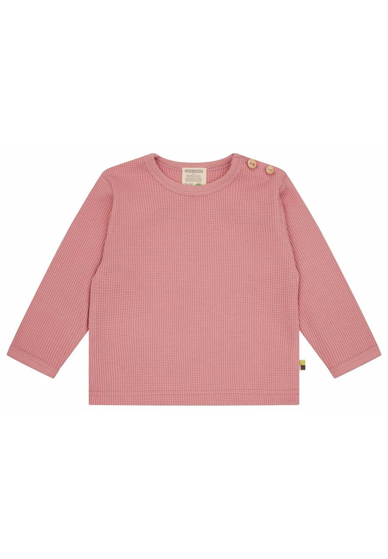 Rosa Langarmoberteil aus strukturiertem Rippenstoff mit Rundhalsausschnitt und Holzknöpfen an der Schulter.