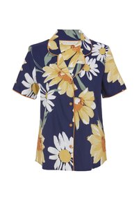 Koszula z krótkim rękawem w kolorze granatowym, ozdobiona kwiatowym wzorem w żółte stokrotki i białe płatki, z pomarańczowymi lamówkami i zapięciem na guziki.