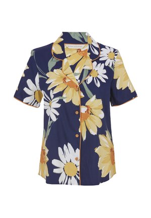 Kurzärmliges navy-blaues Hemd mit floralen Mustern aus gelben Gänseblümchen und weißen Blütenblättern, mit orangefarbenen Paspeln und Knopfverschluss.