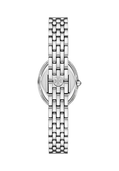 Montre-bracelet en métal argenté avec boîtier rond vue de dos, avec une boucle gravée du logo et une couronne latérale.