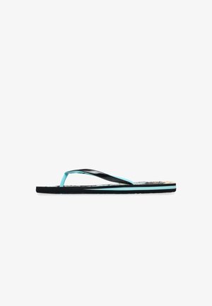 Black and turquoise flip-flop with floral patterned footbed and thin curved straps on a white background.