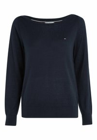 Pull à manches longues bleu marine en maille douce, avec un col large et des poignets et un ourlet côtelés. Petit logo sur la poitrine.