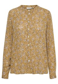 Langärmliges Hemd in senfgelb mit floralem Muster. Verfügt über einen runden Halsausschnitt und vordere Knopfverschlüssen. Leichtes Material.