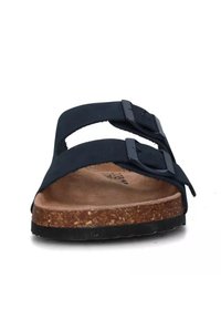 Infradito neri con due cinturini regolabili, suola in sughero, suola in gomma scura e materiale superiore simile alla pelle scamosciata.