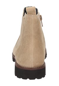 Beige Wildlederschuh mit glatter Textur, geschwungener Silhouette und brauner Gummisohle. Verfügt über einen Reißverschluss und eine Zuglasche für einfaches An- und Ausziehen.