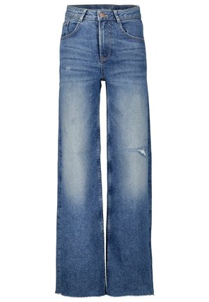 Højttaljede, falmede blå denimjeans med vide ben, forlommer, knaplukning og let slidte detaljer på højre lår.