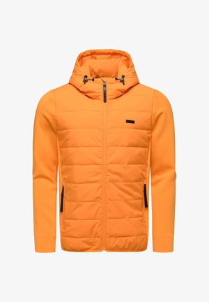 Orange padded jacket with a hood, featuring a zip front, side pockets, and contrasting black accents. Made from smooth, textured material.