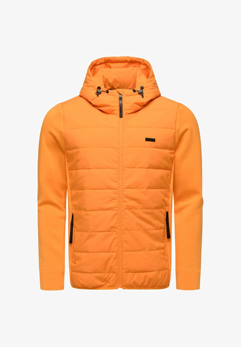 Orange padded jacket with a hood, featuring a zip front, side pockets, and contrasting black accents. Made from smooth, textured material.