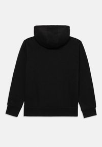 Black hooded sweatshirt with a relaxed fit, ribbed cuffs and hem, smooth texture, and no visible logos or patterns on the back.