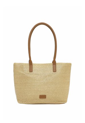 Beige geweven draagtas met lichtbruine leren handvatten en een klein lichtbruin leren merkvignet met de tekst "RUE 09" aan de voorkant.