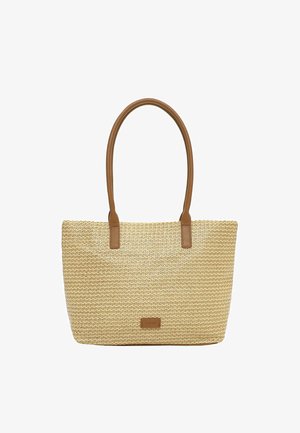 Beige geweven draagtas met lichtbruine leren handvatten en een klein lichtbruin leren merkvignet met de tekst "RUE 09" aan de voorkant.