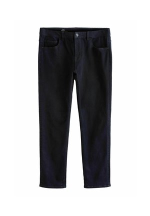 Dark blue denim jeans with a straight leg design. Features include two front pockets, a button closure, and subtle stitching details.
