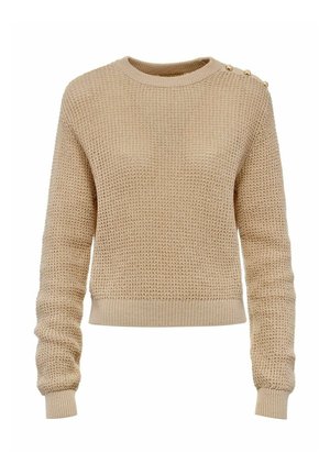 Beżowy sweter dzianinowy z okrągłym dekoltem, długimi rękawami, ściągaczami na dole i przy rękawach oraz ozdobnymi guzikami na lewym ramieniu.