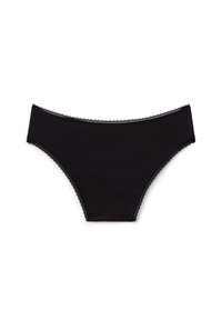 Culotte in cotone nero con una texture liscia, caratterizzata da una delicata rifinitura in pizzo lungo la vita e le aperture delle gambe.