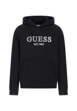 Czarna bluza z kapturem z przednią kieszenią, z metalicznym logo "GUESS" oraz napisem "EST. 1981". Gładka faktura, ściągacze przy mankietach i u dołu.