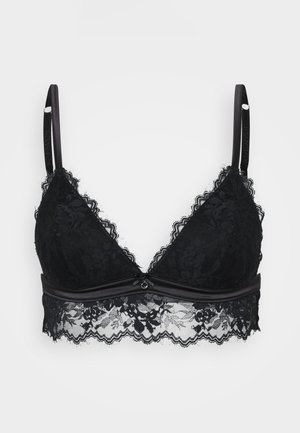 Bralette de encaje negro con un diseño de copa triangular, bordes festoneados, tirantes ajustables y una banda de satén con un acento decorativo.