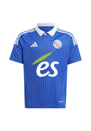 Maillot de football bleu avec col blanc, logo Adidas, emblème du Racing Club Strasbourg Alsace et logo du sponsor "es" sur le devant.