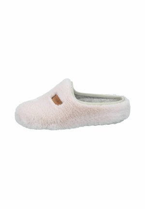 Pink fuzzy slipper with a soft, plush texture, featuring a small cutout and a tan leather accent on the side. Rounded toe design.