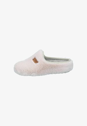 Pink fuzzy slipper with a soft, plush texture, featuring a small cutout and a tan leather accent on the side. Rounded toe design.