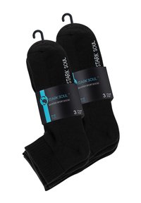 Un set di tre calze sportive nere alla caviglia. Caratterizzate da un bordo a coste e dal logo "STARK SOUL" sulla fascia. L'etichetta specifica le taglie 39-42.