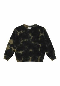 Felpa tie-dye nera e verde oliva, collo a giro, maniche lunghe, polsini e orlo a costine, materiale in cotone morbido, vestibilità casual.