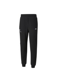 Sorte joggingbukser lavet af blødt stof, med tilspidset snit, elastisk taljebånd og BMW Motorsport-logo med farveaccente.