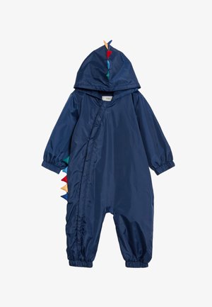 Marineblå babydragt med hætte, elastiske manchetter, trykknapper og farverige stofspidser, der ligner en dinosaurryg langs hætten og siden.