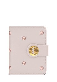 Pink leather wallet with gold hardware. Features embossed circular patterns and a button closure, compact design. Smooth texture.