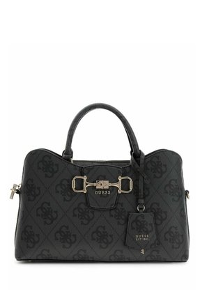 Black Guess handbag with dual handles, gold-tone clasp, and logo pattern, featuring a branded hanging tag and zip closure.