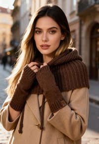 Căciulă tricotată maro cu un model de jerseu, asortată cu mănuși fără degete. Paltonul este bej, cu nasturi, având detalii cu șnur.
