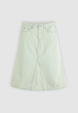 Gonna in denim verde chiaro a forma di A con spacco frontale, cinque tasche e componenti metallici. Presenta un vita alta e cuciture a contrasto.