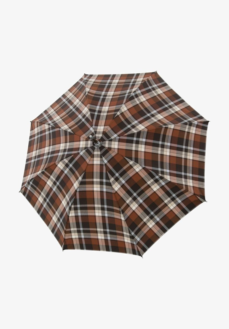 Parapluie en tartan marron de forme octogonale, en tissu léger, avec des carrés de couleurs sombres et claires alternés et une poignée en métal argenté.