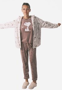 Felpa con cappuccio grigio chiaro con stampa di Snoopy, maglietta marrone con Snoopy e pantaloni marroni abbinati con motivi. Tessuto morbido e dalla vestibilità rilassata. Pantofole accoglienti.