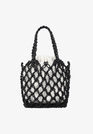 Fekete szőtt hálós bevásárlótáska fehér szövet húzózsinóros erszénnyel belül és két válltáskával.